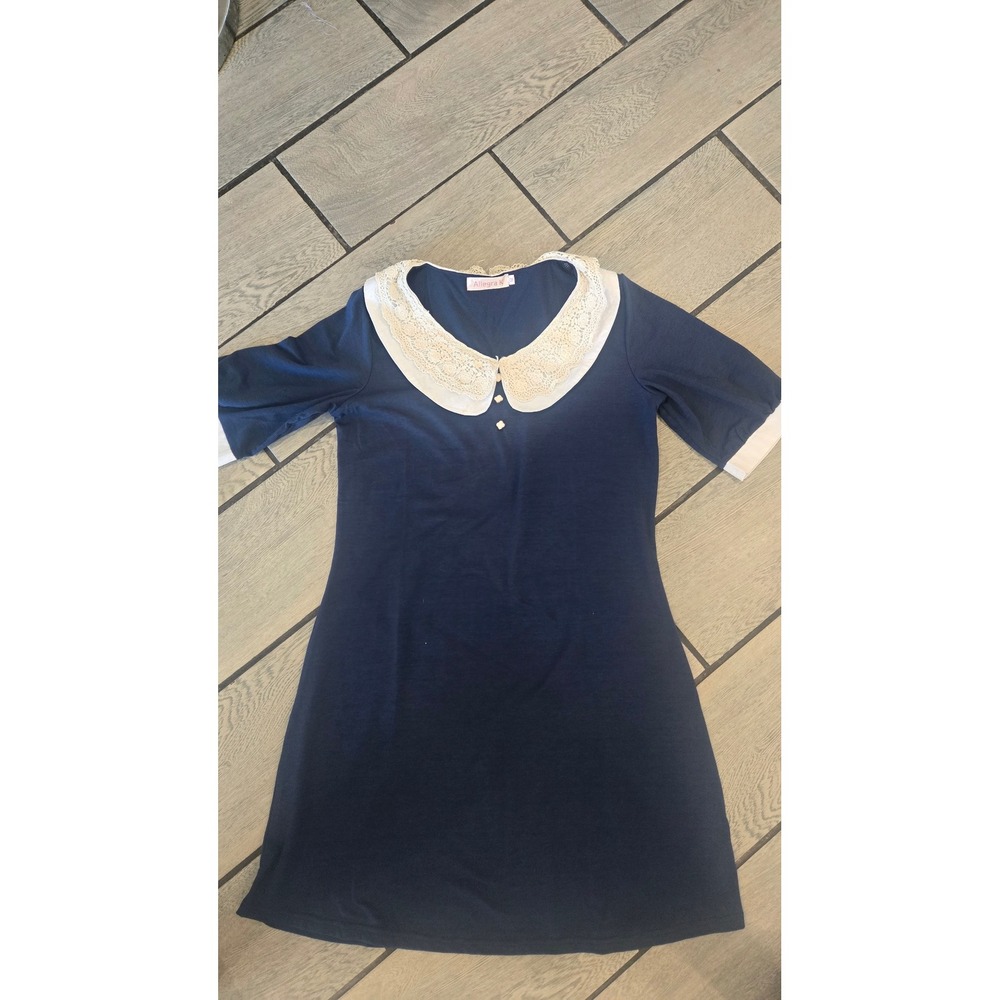 Allegra K Womens Navy Blue Peter Pan Lace Collar Shift Dress Size M Short Sleeve